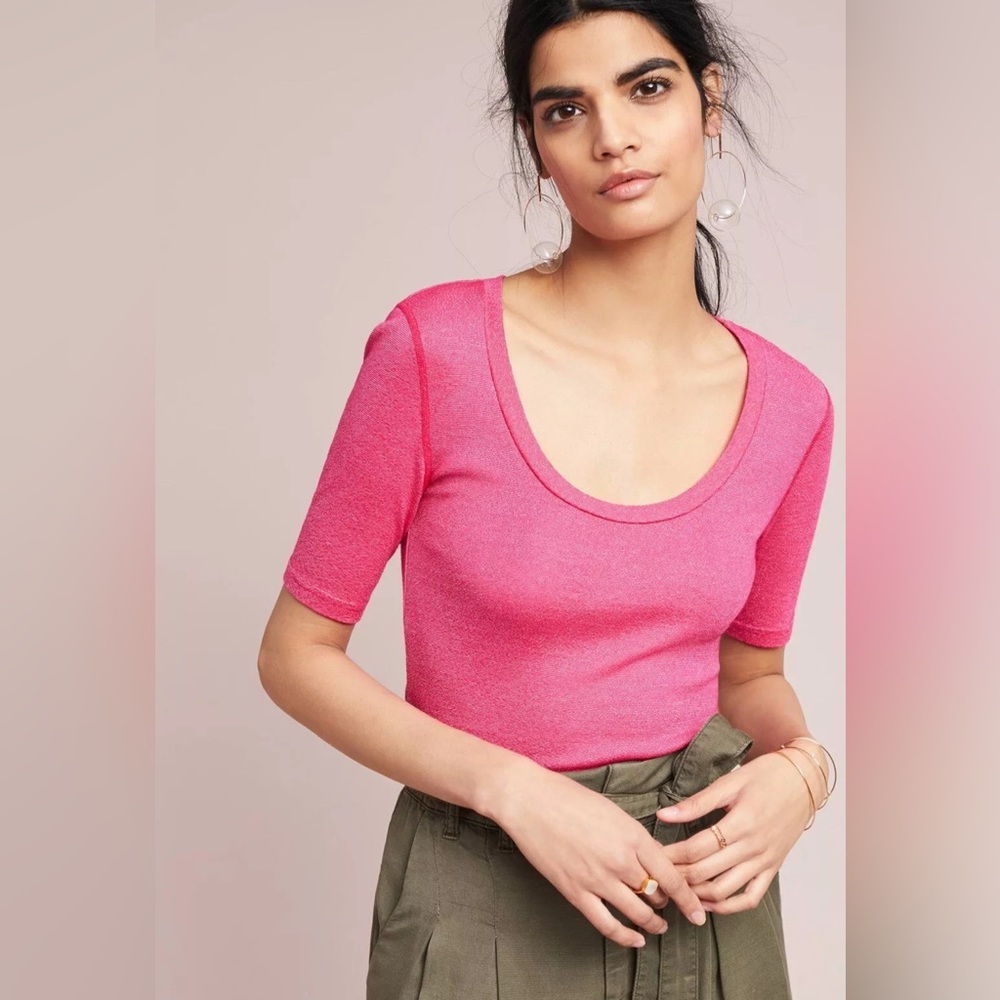 Anthropologie Michael Stars Women Top Pink Metallic Scoop Neck Tee USA🇺🇸MADE M/L